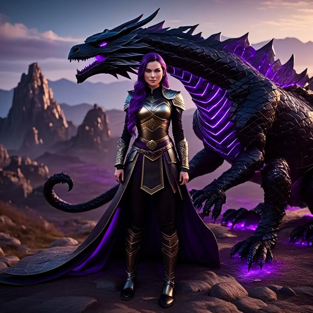 Prompt: Photo of <mymodel> standing next to her black Razorwhip dragon