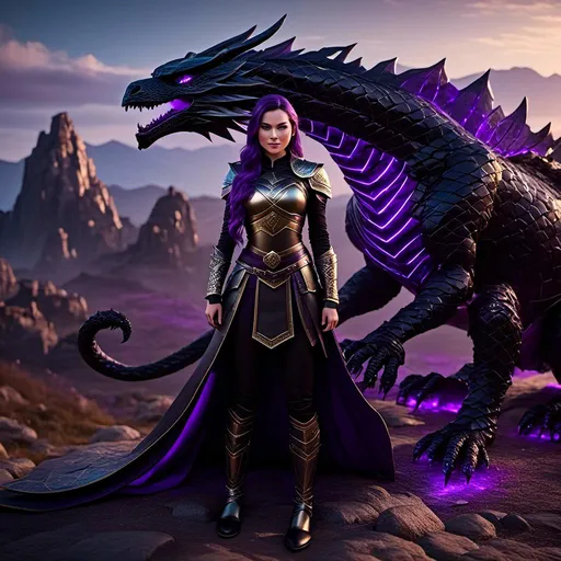 Prompt: Photo of <mymodel> standing next to her black Razorwhip dragon