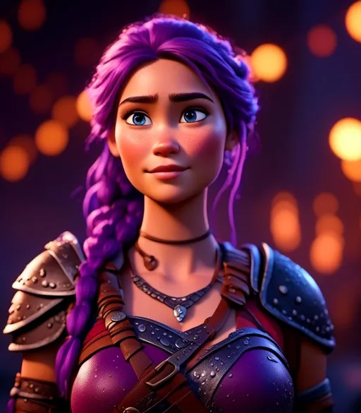 Prompt: <mymodel>CGI Animation, digital art, 20-year-old-old viking woman with light blue eyes, she has been crying and is still very sad, standing in a battle arena at night, purple hair with purple strands, single braid down her shoulder with a tiara, unreal engine 8k octane, 3d lighting, close up camera shot on the face, full armor