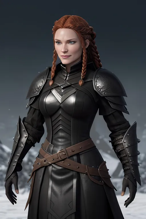 Prompt: Digital art, black rogue gear, black adventurer armor, Medium build, slightly broad-shouldered, (((DreamShaper Version 1))), Berk of How to Train Your Dragon, viking woman, subtle smile, red hair, cornrow braids, blue eyes, ((black gear, black armor,)) unreal engine, 8k octane, 3d lighting, full body, full armor
