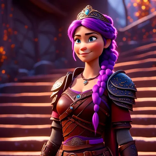 Prompt: <mymodel>CGI Animation, digital art, 20-year-old-old viking woman with light blue eyes, standing on the stairs in her house, purple hair with purple strands, single braid down her shoulder with a tiara, subtle smile, unreal engine 8k octane, 3d lighting, close up camera shot on the face, full armor