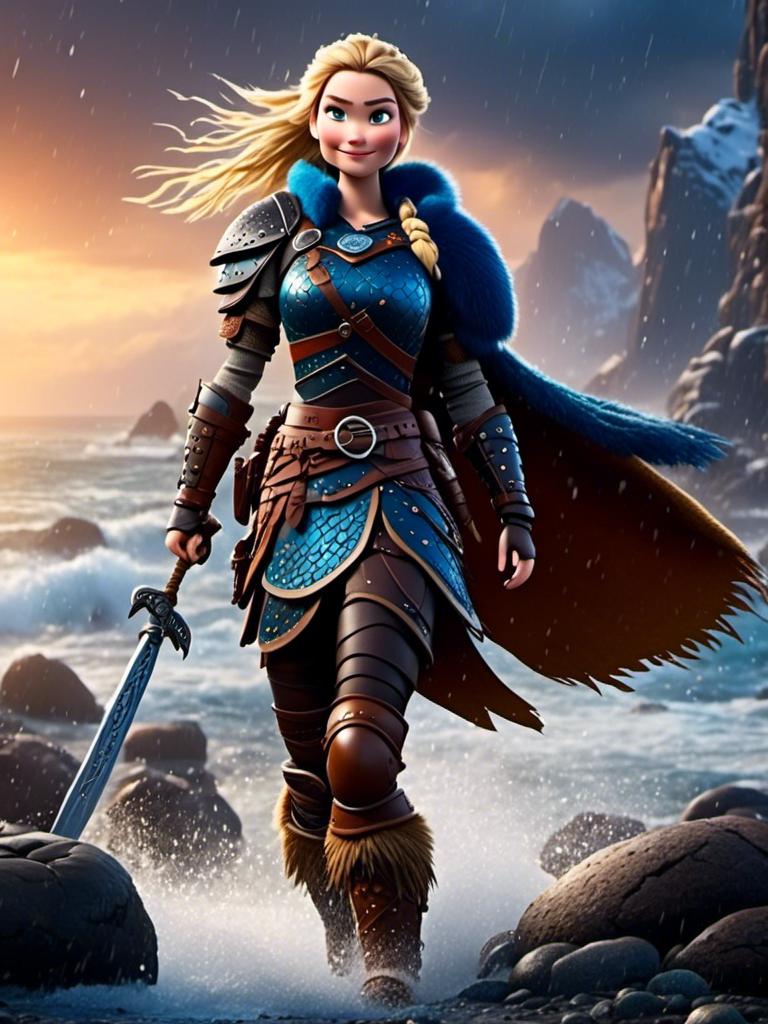 Prompt: <mymodel>CGi Animation, 20-year-old viking woman with blue eyes, ((she is wearing a royal helmet)), a rainy scene, the viking woman has a subtle smile with it pouring down rain, blonde hair in a ponytail style, she has blue gear, gold armor, black pants, black boots