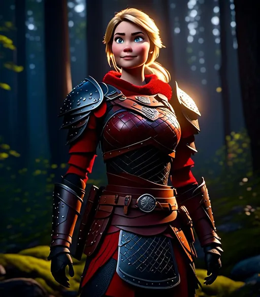 Prompt: <mymodel>CGI Animation, digital art, 20-year-old-old viking woman with light blue eyes standing in a dimly lit forest, blue assassin's creed clothes, red colored armor, blonde straight hair, subtle smile, unreal engine 8k octane, 3d lighting, cinematic lighting, camera shot of full armor from head to toe