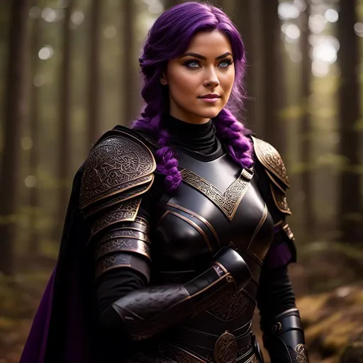 Prompt: <mymodel>25-year-old viking woman, subtle smile, light blue eyes, black gear, bright black armor, wearing an iron-man like suit of armor, black textures and highlights, fighting in the forest in an intense sword battle with Einar Verodfellar, short focus, blurry background, unreal engine 8k octane, 3d lighting, full body, full armor