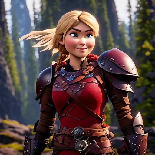 Prompt: <mymodel>CGI Animation, 20-year-old viking woman, subtle smile, blonde hair with one braid, light blue eyes, dark red gear, red armor, unreal engine 8k octane, 3d lighting, full body, full armor