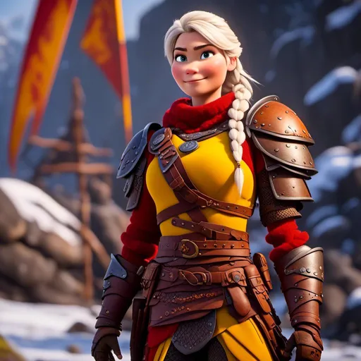 Prompt: <mymodel>CGi Animation, 20-year-old viking woman with one hair braid, subtle smile, white hair, blue eyes, blue gear, yellow armor, red clothes, yellow textures and highlights, unreal engine 8k octane, 3d lighting, full body, full armor