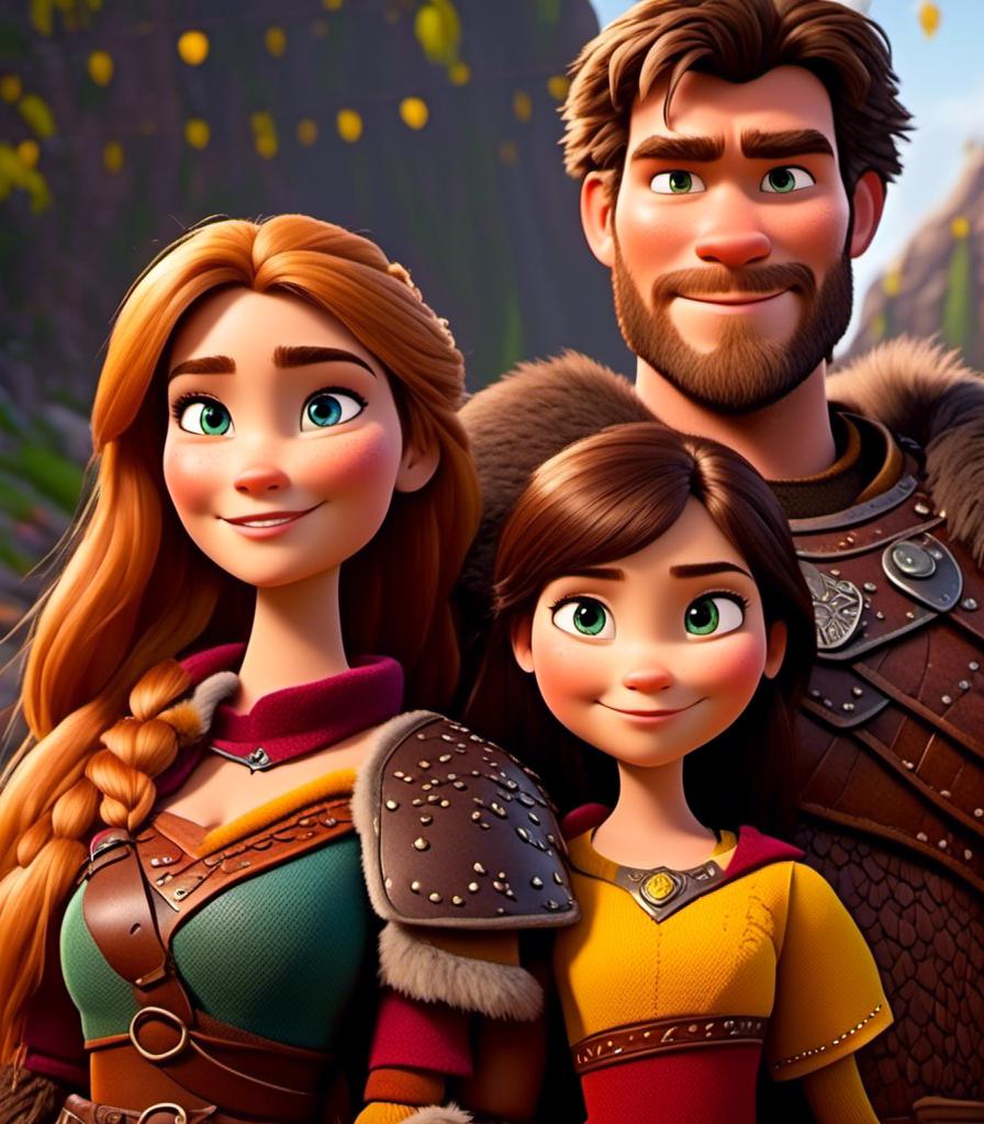 Prompt: <mymodel>CGI Animation, digital art, 20-year-old-old viking woman with light blue eyes standing with her older brother and younger sister, older brother has brown hair and green eyes, her younger sister has brunette hair and brown eyes, the viking woman has yellow clothes, gold colored armor, blonde straight hair, subtle smile, unreal engine 8k octane, 3d lighting, close up camera shot on the face, full armor