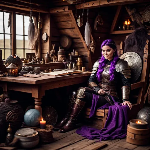 Prompt: Photo of <mymodel> with no armor casually relaxing sitting at a desk in her viking house