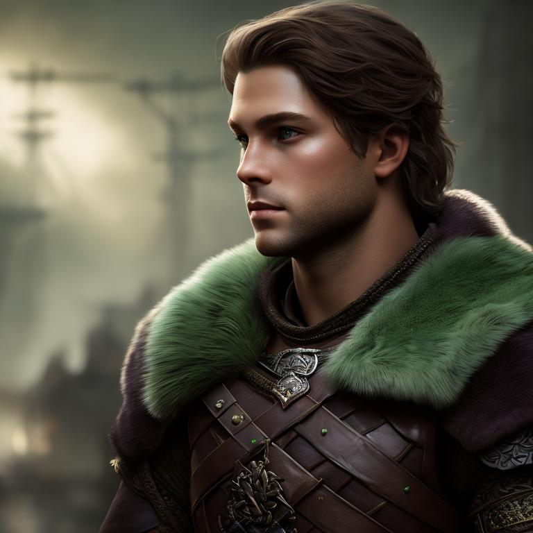 Prompt: he has short brown hair, create most handsome fictional male prince viking warrior, short brown hair, light green eyes, extremely detailed environment, detailed background, intricate, detailed skin, professionally color graded, photorealism, 8k, moody lighting