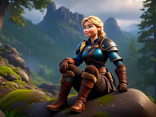 Prompt: <mymodel>CGi Animation, 20-year-old viking woman with blue eyes, a rainy scene, she is sitting on a boulder in a forest with it raining, the viking woman has a subtle smile, blonde hair in a ponytail style, she has blue gear, gold armor, black pants, black boots