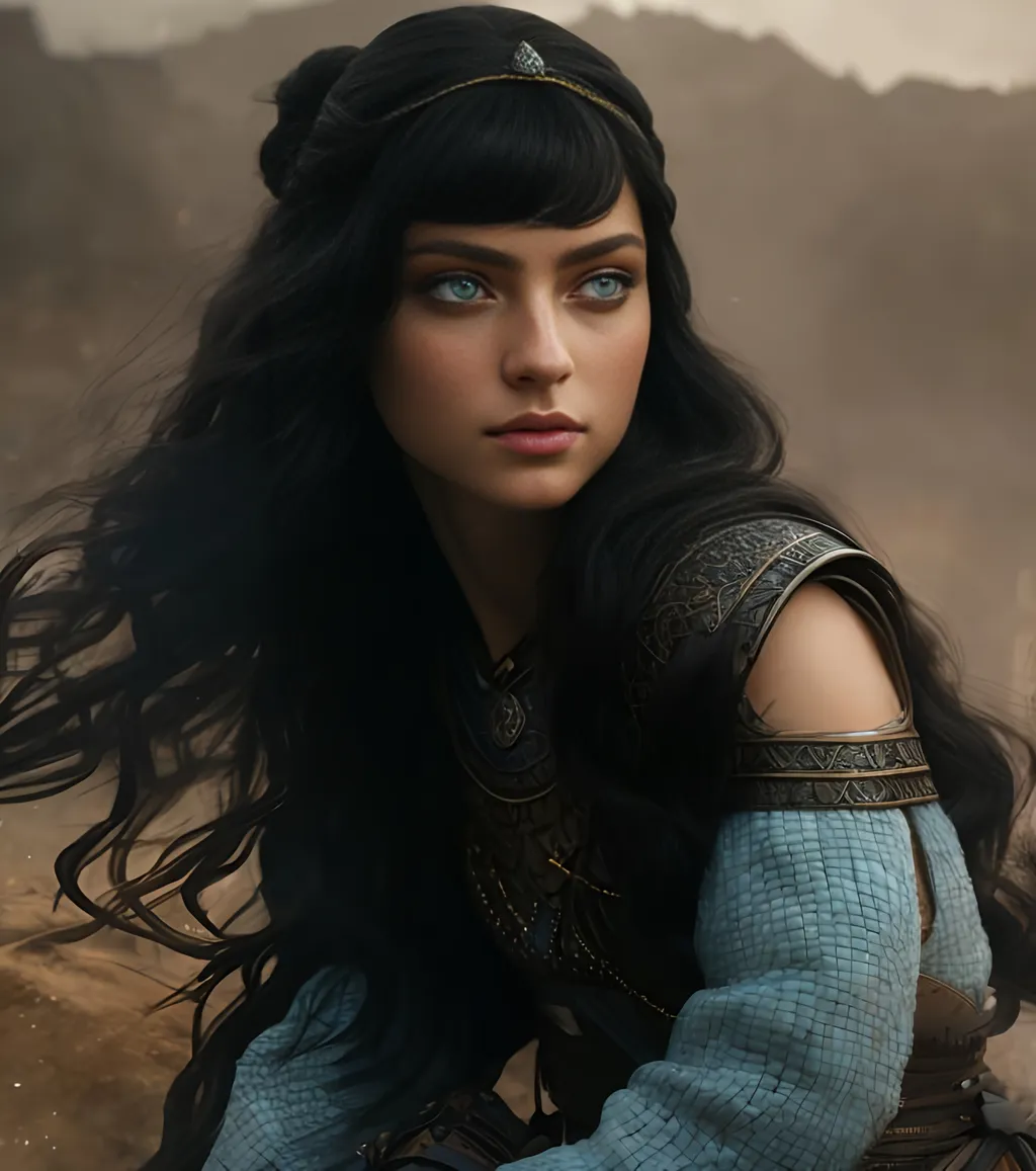 Prompt: she has black hair, create most beautiful fictional female viking princess warrior, black hair, light blue eyes, extremely detailed environment, detailed background, intricate, detailed skin, professionally color graded, photorealism, 8k, moody lighting