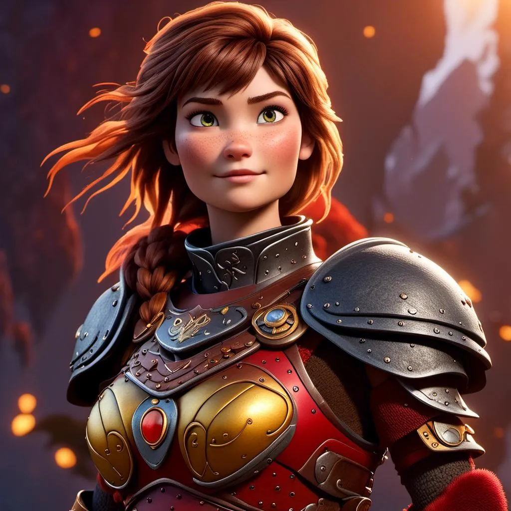 Prompt: <mymodel>CGI Animation of a viking female, brown hair, hazel eyes, bright red gear and armor, yellow highlights and textures, intricate details, high quality, digital painting, cool tones, dramatic lighting