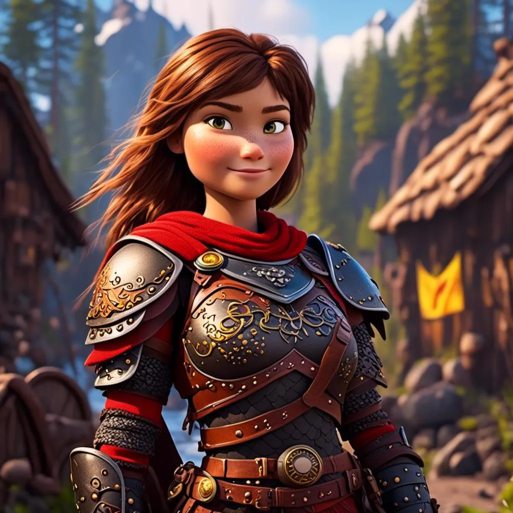 Prompt: <mymodel>CGI Animation of a viking female, brown hair in her face, hazel eyes, bright red gear and armor, yellow highlights and textures, standing in a viking village, intricate details, high quality, digital painting, cool tones, dramatic lighting