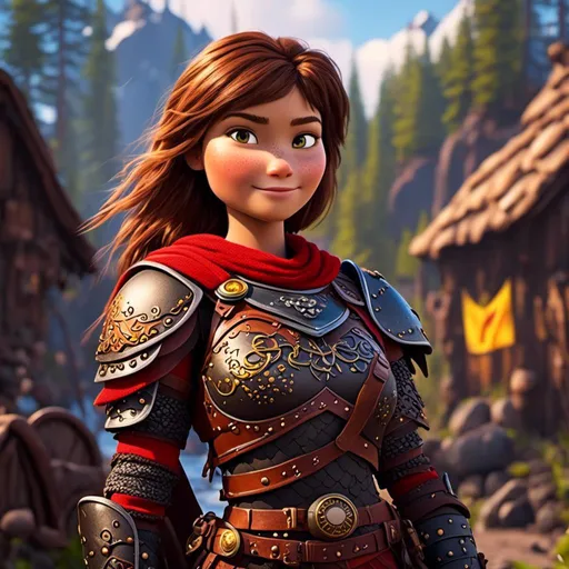 Prompt: <mymodel>CGI Animation of a viking female, brown hair in her face, hazel eyes, bright red gear and armor, yellow highlights and textures, standing in a viking village, intricate details, high quality, digital painting, cool tones, dramatic lighting