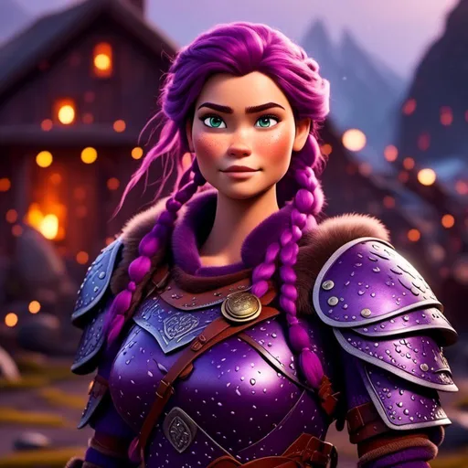 Prompt: <mymodel>a female viking warrior with purple hair, light blue eyes, single braid down shoulder, standing in a viking village, adorned in regal purple armor, fierce and determined expression, fully body, cool tones, dramatic lighting, intricate detailing
