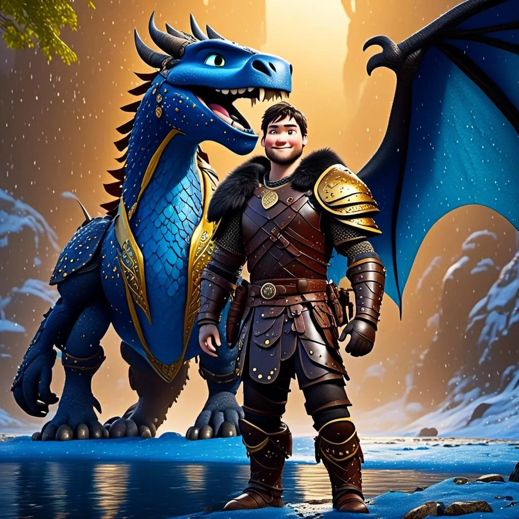 Prompt: <mymodel>CGi Animation, 20-year-old viking man with blue eyes, a rainy scene, the viking man has a subtle smile, black hair, he has blue gear, gold armor, black pants, black boots, he is standing next to a bright blue dragon with gold highlights, they are both in the rain, 