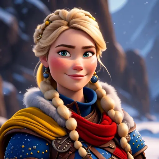 Prompt: <mymodel>CGI Animation, close-up portrait of the face, 20-year-old-old pirate viking woman sitting on a snow bank, a snowy scene, {{yellow gear, blue armor}}, blonde hair, an updo style of hair with a faded buzz cut on the side of the head, subtle smile, beads hair, small red earrings, multiple braids, yellow gear, straight hair, green eyes, bracelets, rings on fingers, mercenary gear, unreal engine 8k octane, 3d lighting, close up camera shot on the face, full armor