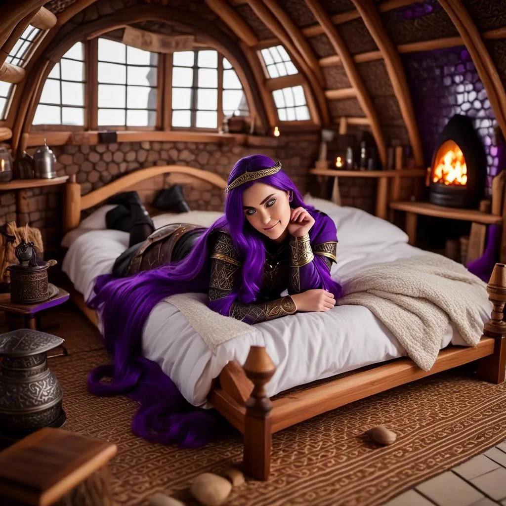 Prompt: Photo of <mymodel> lying down on her bed in her viking house