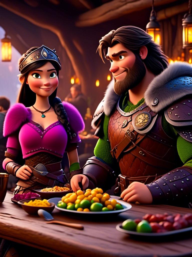 Prompt: <mymodel>CGI Animation, digital art, 20-year-old-old viking woman of royalty standing a busy tavern having a meal with her husband Jarl, {{the woman has pink gear, purple armor}}, black hair, straight hair with a tiara, subtle smile, Jarl has green armor and brown gear, unreal engine 8k octane, 3d lighting, close up camera shot on the face, full armor