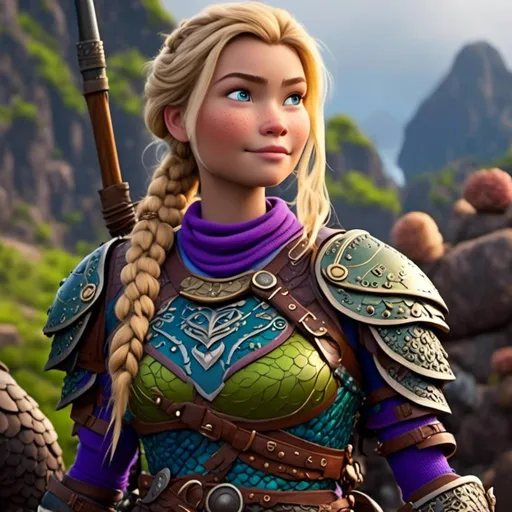 Prompt: <mymodel>CGI Animation of female viking, blonde straight hair a hairband, blue eyes, bright purple and green armor, yellow highlights dor gear and textures, full light body armor, standing in a viking village, intricate details, high quality, digital painting, cool tones, dramatic lighting