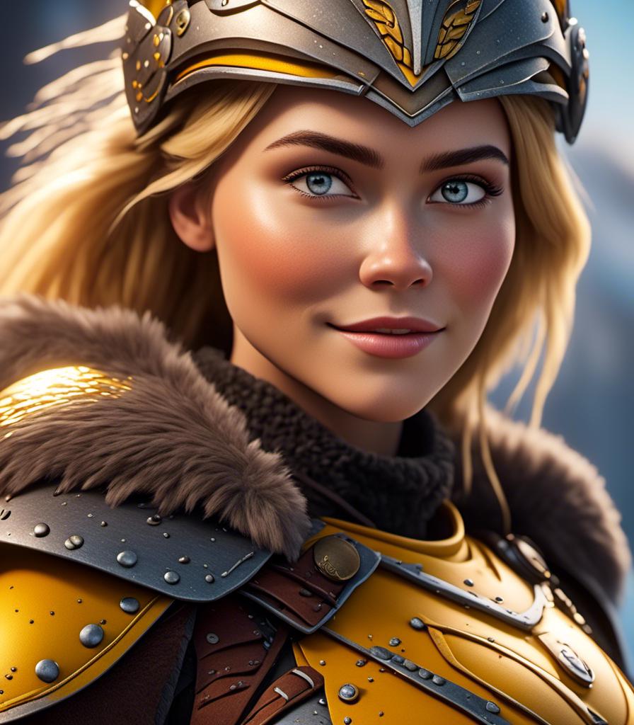 Prompt: <mymodel>CGI Animation, digital art, 20-year-old-old viking woman with light blue eyes, yellow mask over her eyes, yellow clothes, gold colored armor, blonde straight hair, subtle smile, unreal engine 8k octane, 3d lighting, close up camera shot on the face, full armor