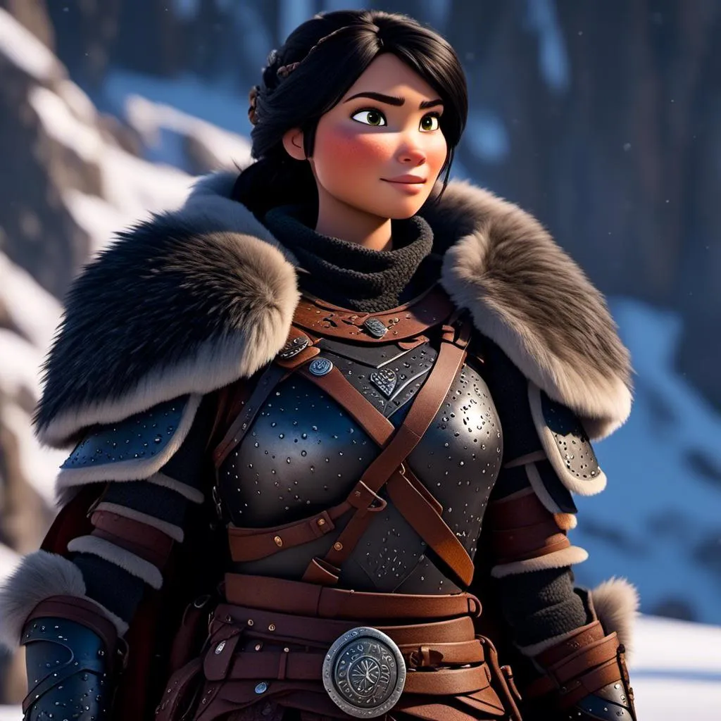 Prompt: <mymodel>CGi Animation, 25-year-old viking woman warrior with brown eyes, a snowy scene, the viking woman has a subtle smile, black hair, she has black gear, black armor, black textures, black pants, black boots