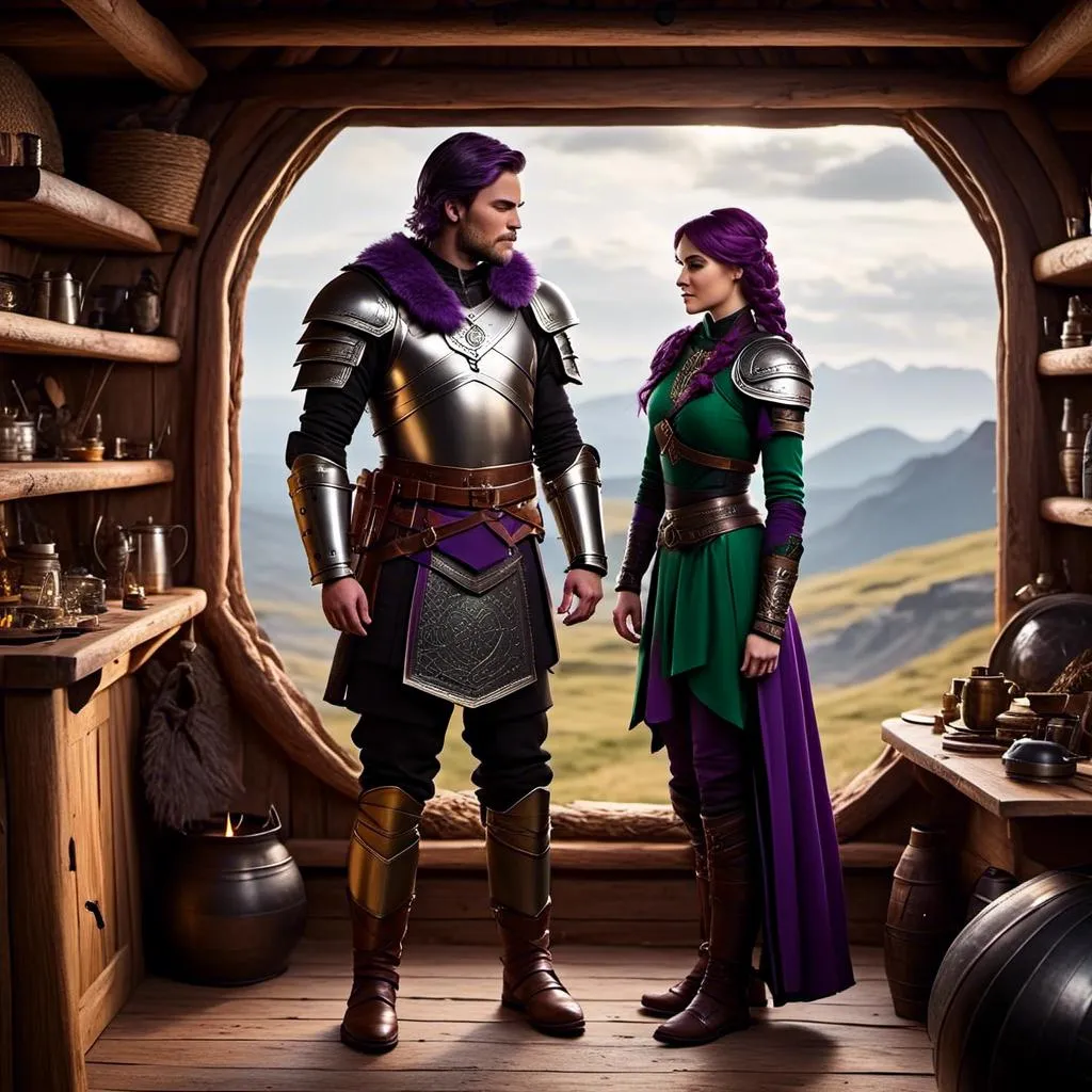 Prompt: Photo of <mymodel> standing in his hut with her husband Jarl Everson who has brown short wavy hair and green gear