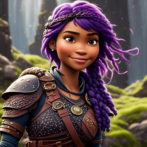 Prompt: a photo of <mymodel>, a viking female, purple hair in a single braid, age of 25-years-old