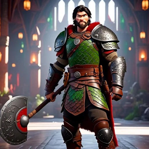 Prompt: <mymodel>Animated CGI style of a fierce Viking male about 25 years old, black hair, detailed facial features, leather armor {{((red))}} and green armor, battle axe and shield, standing inside The Great Hall, intense and determined expression, dynamic and powerful pose, high definition, CGI, detailed armor, fierce female, Nordic designs, battle-ready, dynamic pose, professional lighting