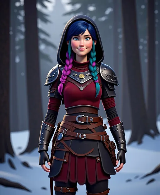 Prompt: <mymodel>CGI Animation, digital art, 20-year-old-old viking woman with violet eyes, Dark red Long sleeve shirt, skirt with dragon teeth on it, wears the snow wraith hood, ((dark dark blue hair with teal, pink and purple streaks)), standing snowy forest, subtle smile, unreal engine 8k octane, 3d lighting, close up camera shot on the face, full armor