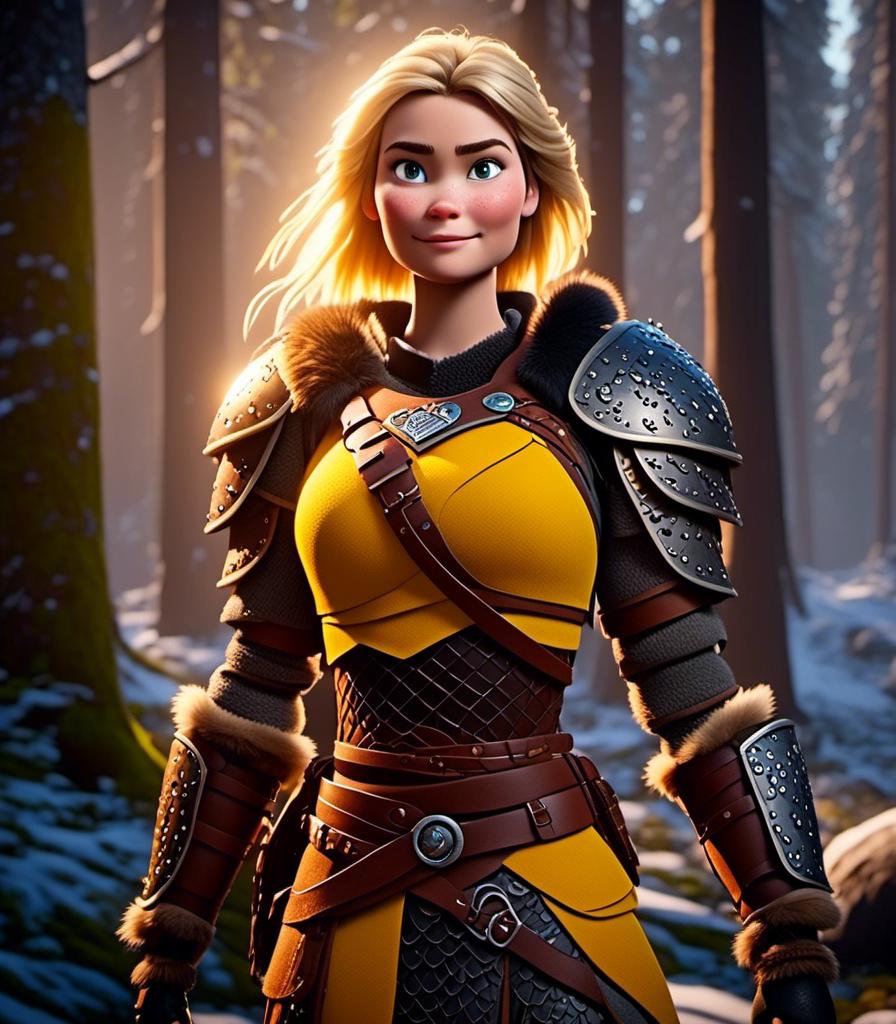 Prompt: <mymodel>CGI Animation, digital art, 20-year-old-old viking woman with light blue eyes standing in a dimly lit forest, yellow clothes, gold colored armor, blonde straight hair, subtle smile, unreal engine 8k octane, 3d lighting, full armor