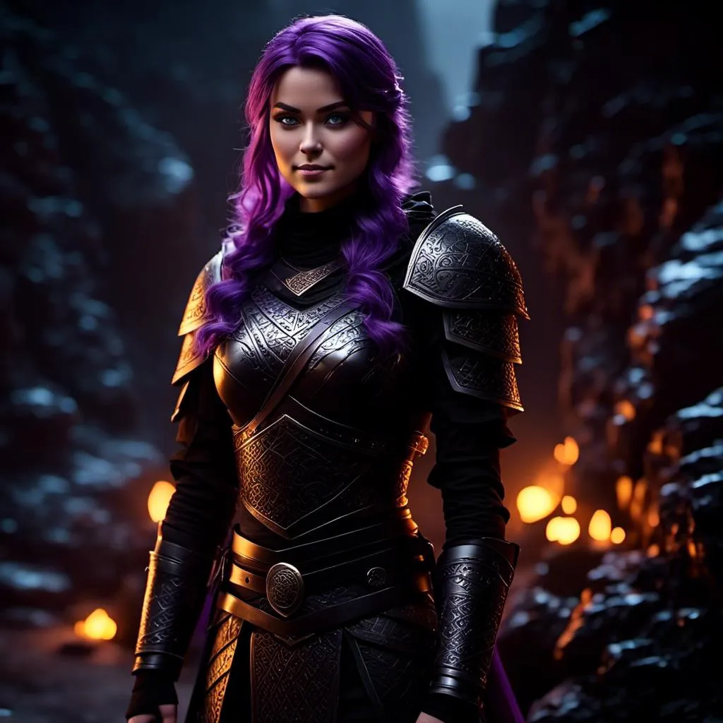 Prompt: <mymodel>25-year-old viking woman, subtle smile, light blue eyes, black gear, bright black armor, black textures and highlights, standing in the shadows of the a dark cave at night, short focus, blurry background, moonlit scene, unreal engine 8k octane, 3d lighting, full body, full armor