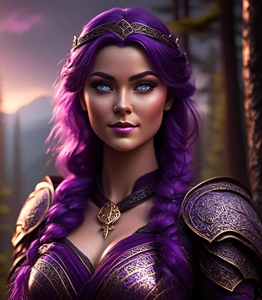 Prompt: <mymodel>CGI Animation, digital art, 20-year-old-old viking woman with light blue eyes, she is overjoyed, purple hair with purple strands, standing in a dimly lit forest, single braid down her shoulder with a tiara, unreal engine 16k octane, 3d lighting, full armor