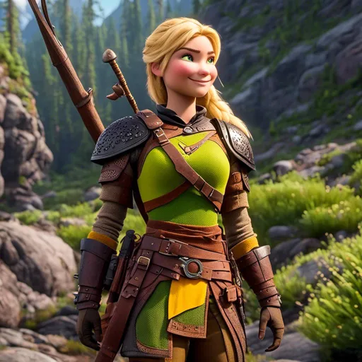 Prompt: <mymodel>CGi Animation, 20-year-old viking woman with one hair braid, subtle smile, blonde hair, light blue eyes, green gear, green armor, yellow clothes, yellow textures and highlights, unreal engine 8k octane, 3d lighting, full body, full armor