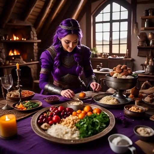 Prompt: Photo of <mymodel> setting the supper table with food prepared for two in her viking house