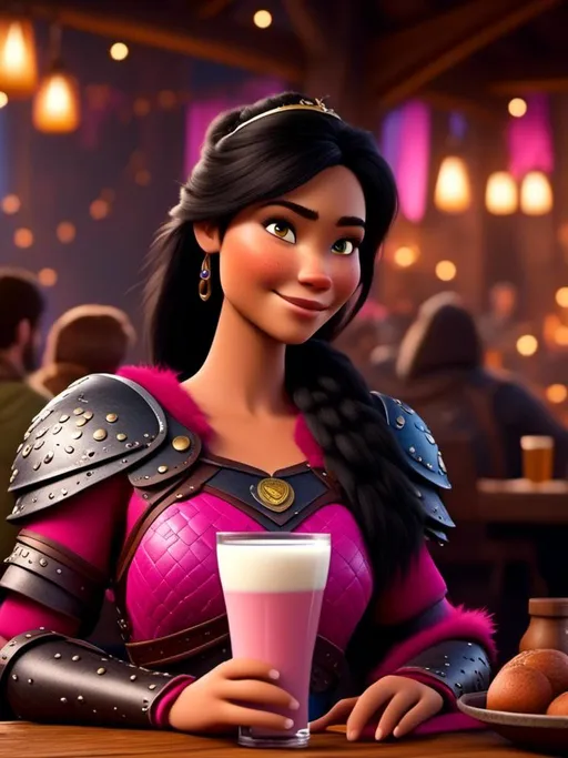 Prompt: <mymodel>CGI Animation, digital art, 20-year-old-old viking woman of royalty standing a busy tavern having a drink of milk, {{pink gear, blue armor}}, black hair, straight hair with a tiara, subtle smile, unreal engine 8k octane, 3d lighting, close up camera shot on the face, full armor