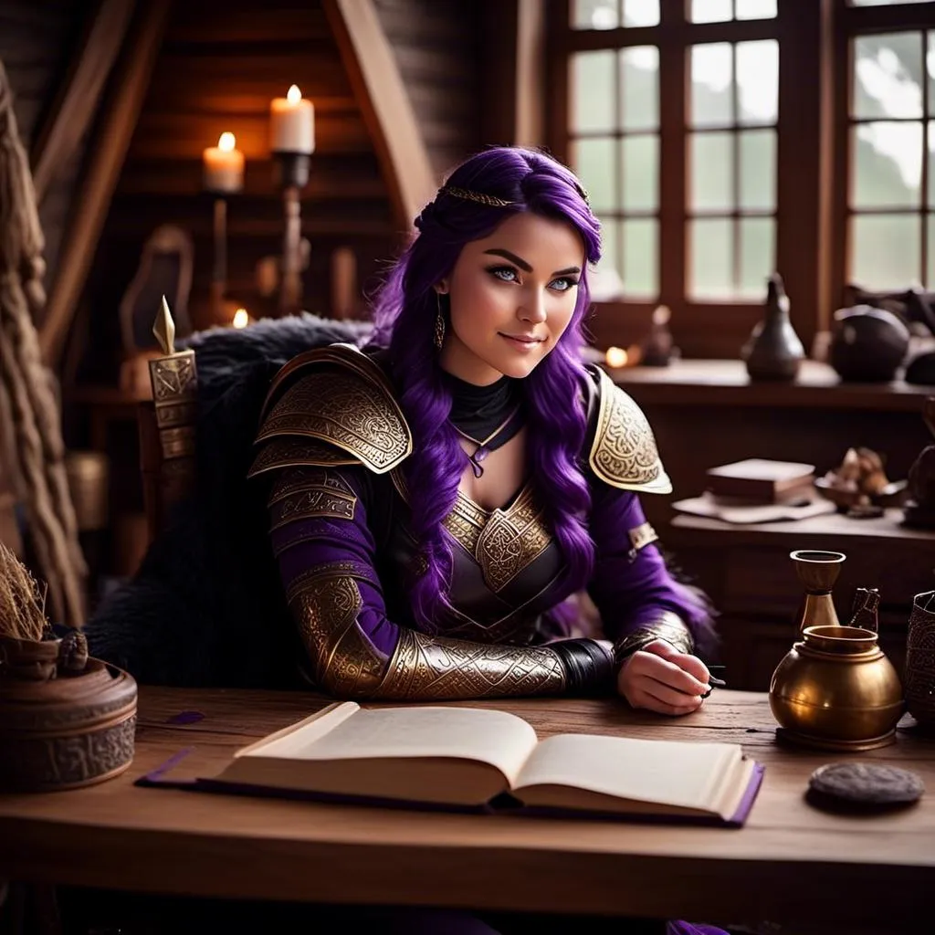 Prompt: Photo of <mymodel> casually relaxing sitting at a desk in her viking house