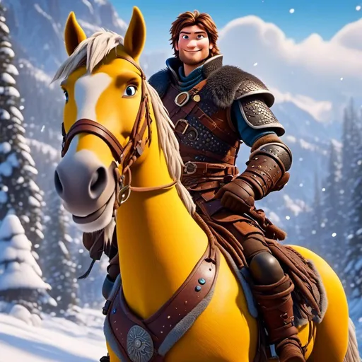 Prompt: <mymodel>CGI Animation, 20-year-old pirate man, rides a yellow horse through the snowy, a snowy scene, {{brown gear, silver armor}}, brunette hair, dreadlocks, subtle smile, beads hair, multiple braids, straight hair, blue eyes, bracelets, rings on fingers, mercenary gear, unreal engine 8k octane, 3d lighting, full body, full armor