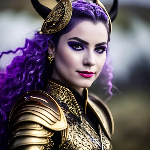 Prompt: she has a scar over her right eye, gold armor over her chest, purple lips, smiling, create a female viking warrior, the female has dark purple hair, her gear is black and silver, black pants, her eyes are light blue, she is in a grassy field