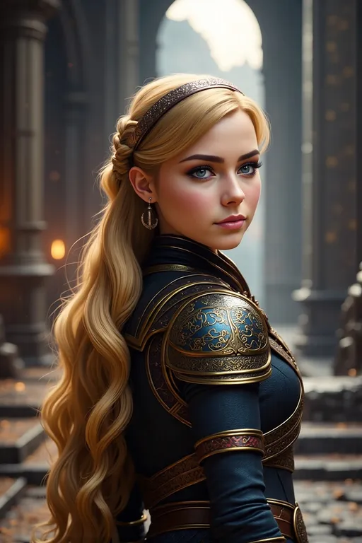 Prompt: Photo of <mymodel> standing in The Great Hall from How to Train Your Dragon, she has blonde hair