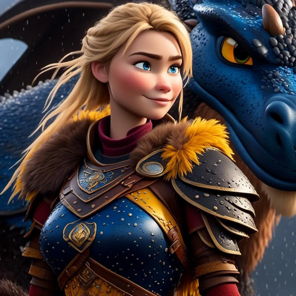 Prompt: <mymodel>CGi Animation, 20-year-old viking woman with blue eyes, a rainy scene, she is standing next to a bright blue dragon with gold highlights, they are both in the rain, the viking woman has a subtle smile, blonde hair in a pony tail style, she has blue gear, gold armor, black pants, black boots, unreal engine 8k octane, 3d lighting, full body, full armor