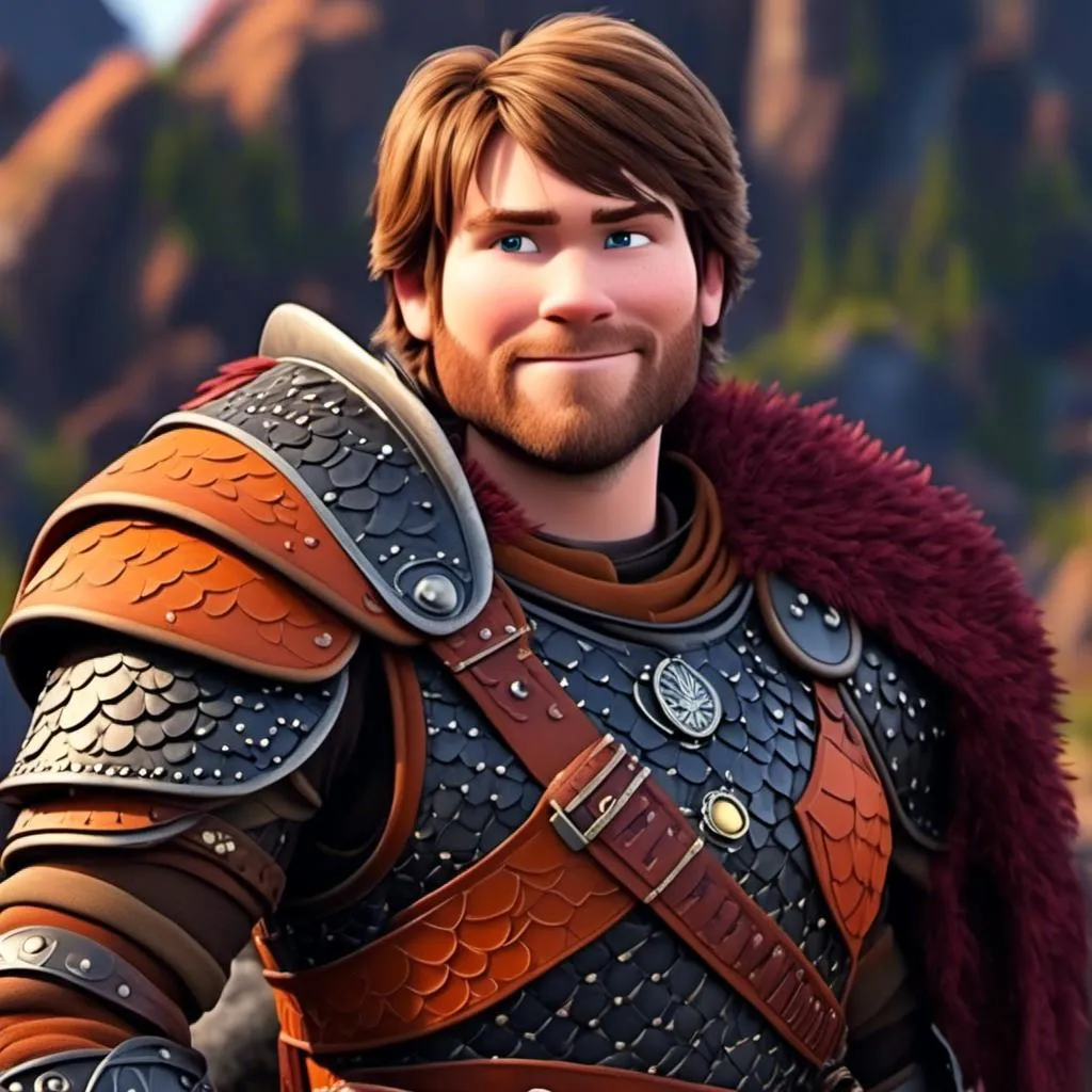 Prompt: <mymodel>Animated CGI style of a light build Caucasian Viking with brown hair, orange armor, maroon clothing textures, high quality, CGI, content gaze, viking, male, Caucasian, highres, professional, intense lighting