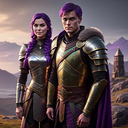 Prompt: Photo of <mymodel> standing next to her young husband Jarl Mollerson who has green gear and silver armor and ((short brown hair)), she is slightly shorter than him