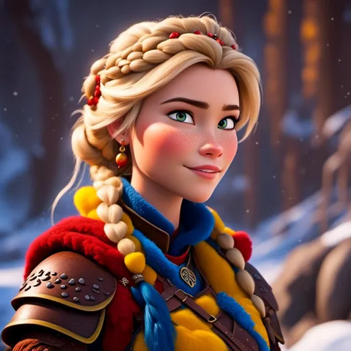 Prompt: <mymodel>CGI Animation, close-up portrait of the face, 20-year-old-old pirate viking woman sitting on a snow bank, a snowy scene, {{yellow gear, blue armor}}, blonde hair, an updo style of hair with a faded buzz cut on the side of the head, subtle smile, beads hair, small red earrings, multiple braids, yellow gear, straight hair, green eyes, bracelets, rings on fingers, mercenary gear, unreal engine 8k octane, 3d lighting, close up camera shot on the face, full armor