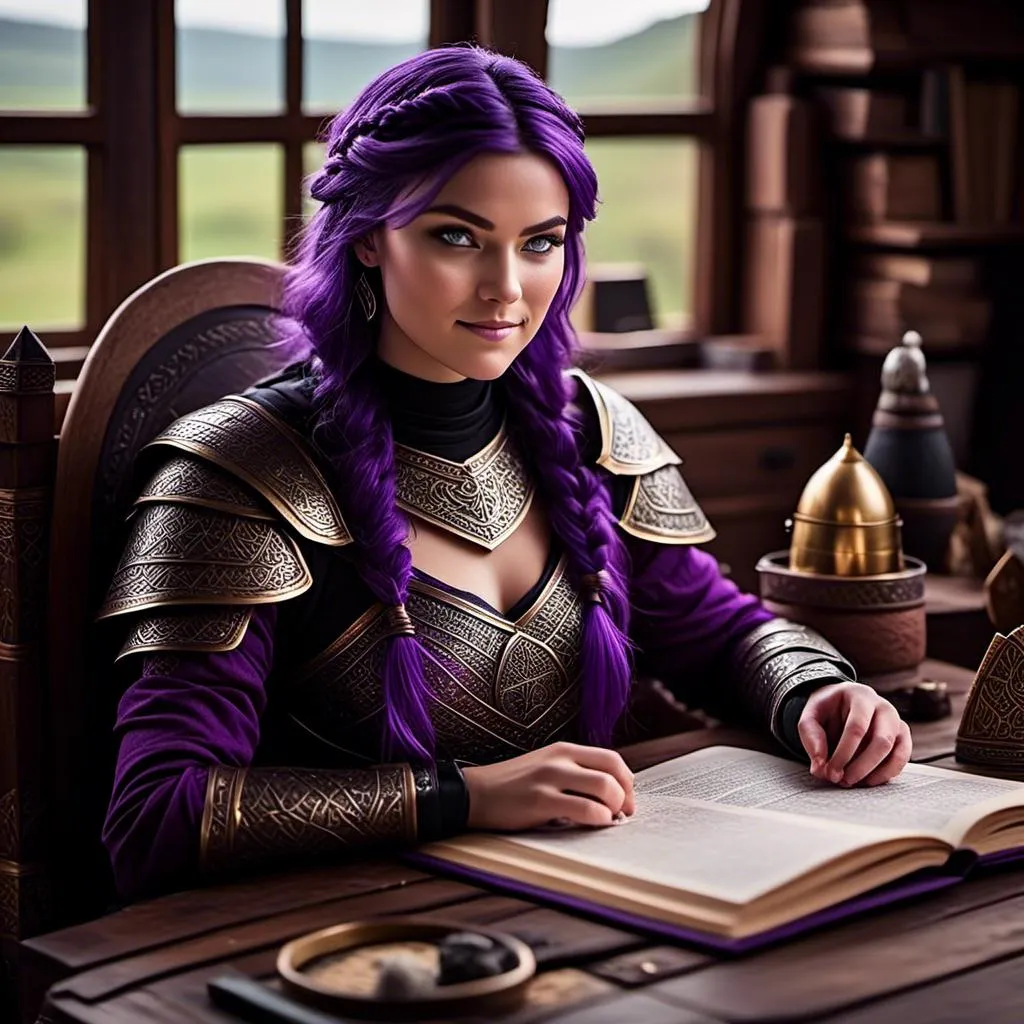 Prompt: Photo of <mymodel> with no armor casually relaxing sitting at a desk in her viking house