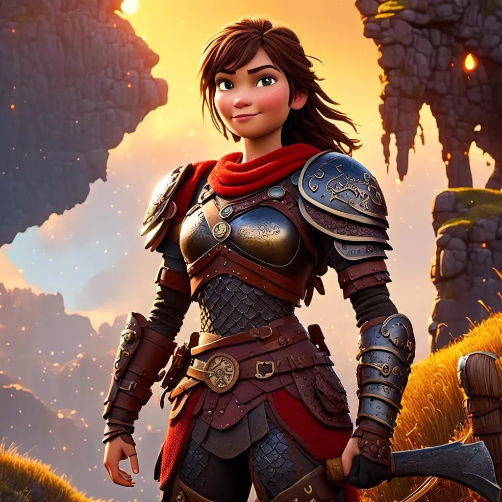 Prompt: <mymodel>CGI Animation of a viking female, brown hair in her face, hazel eyes, bright red gear and armor, yellow highlights and textures, standing in a viking village, intricate details, high quality, digital painting, cool tones, dramatic lighting