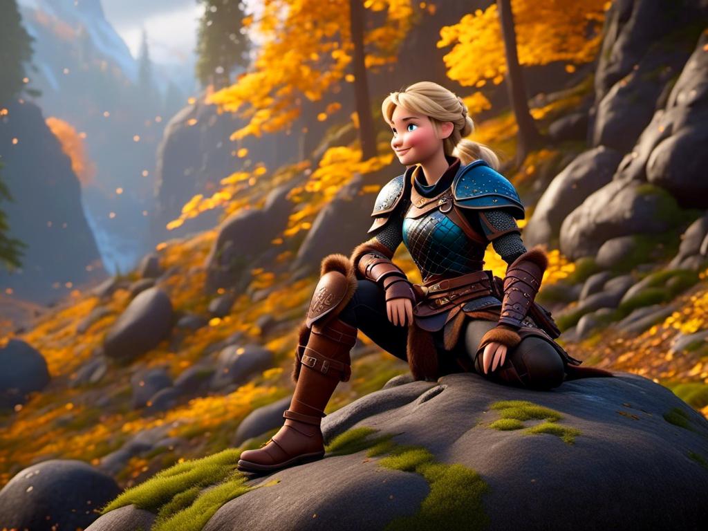 Prompt: <mymodel>CGi Animation, 20-year-old viking woman with blue eyes, she is wearing a helmet, a rainy scene, she is sitting on a boulder in a forest, the viking woman has a subtle smile, blonde hair in a ponytail style, she has blue gear, gold armor, black pants, black boots