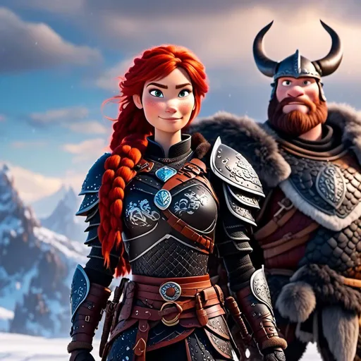 Prompt: <mymodel>High-quality CGI animation of a 40-year-old viking woman with red hair, wearing black gear and armor, standing on a snowy plain with a white dragon. White dragon with light blue highlights, woman with dreadlocks and braids, light blue eyes, snowy landscape, detailed visual effects, fantasy, snowy setting, cool tones, detailed character design, professional CGI, dramatic lighting, highres, detailed rendering