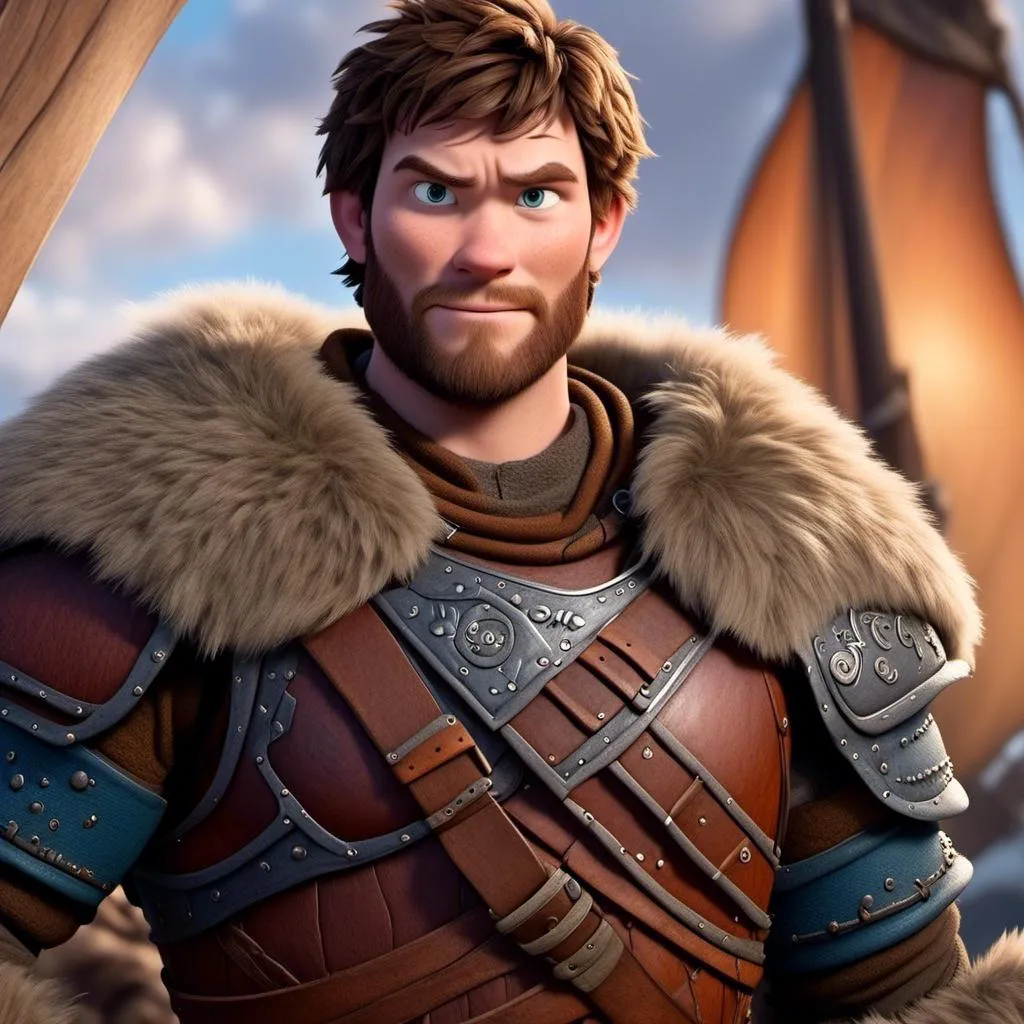 Prompt: <mymodel>Animated CGI style of a fierce Caucasian Viking, intense gaze, realistic fur and clothing textures, high quality, CGI, realistic, intense gaze, viking, male, Caucasian, detailed facial features, fur textures, highres, professional, intense lighting