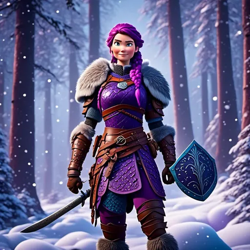 Prompt: <mymodel>a female viking warrior with purple hair standing in a snowy forest, light blue eyes, single braid down shoulder, purple armor, subtle smile, full body, cool tones, dramatic lighting, simple details